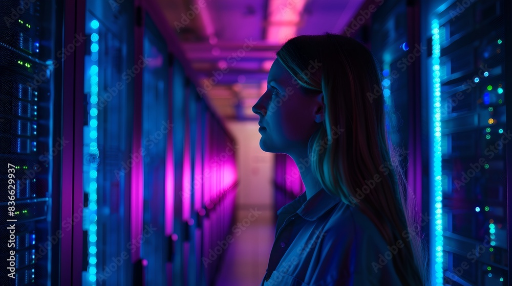 Female IT Professional Monitoring Data in a Neon-Lit Server Room at Night Female IT Professional Monitoring Data in a Neon-Lit Server Room at Night
