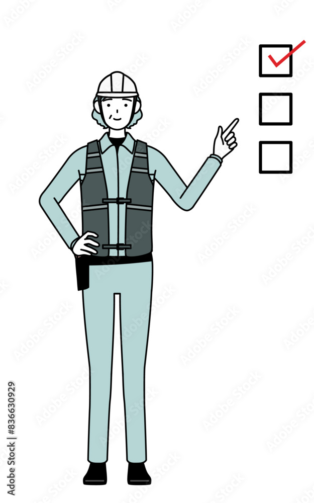 Senior female engineer in helmet and work wear pointing to a checklist. Senior female engineer in helmet and work wear pointing to a checklist.