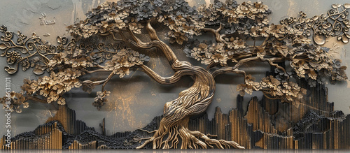 An intricate 3D wall art design of a tree with detailed branches and leaves, crafted from layered wood and metallic accents, perfect for adding a touch of nature to interior decor.