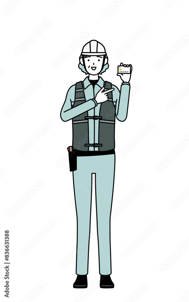 Senior female engineer in helmet and work wear recommending credit card payment. Senior female engineer in helmet and work wear recommending credit card payment.
