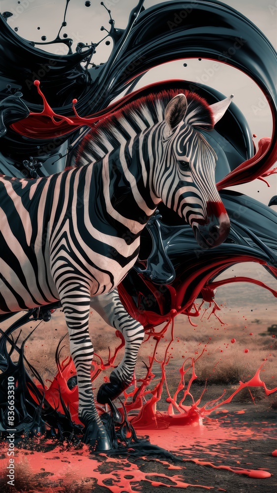 Obraz premium A liquid-based zebra image where black and red liquids swirl and spray, creating a striped pattern. The liquids are dynamic, creating mesmerizing movement as they intertwine and form zebra fur.