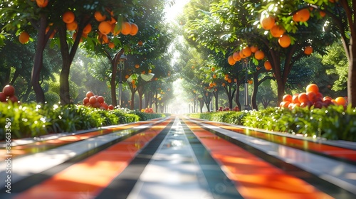 Vibrant Esophagus-Inspired Crosswalk Flanked by Lush Apricot Orchards in a Fantastical Landscape photo