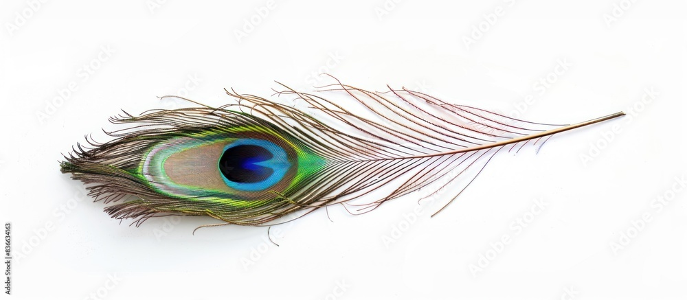 Fototapeta premium Beautiful peacock feather isolated on white background, Copy space. generative AI image