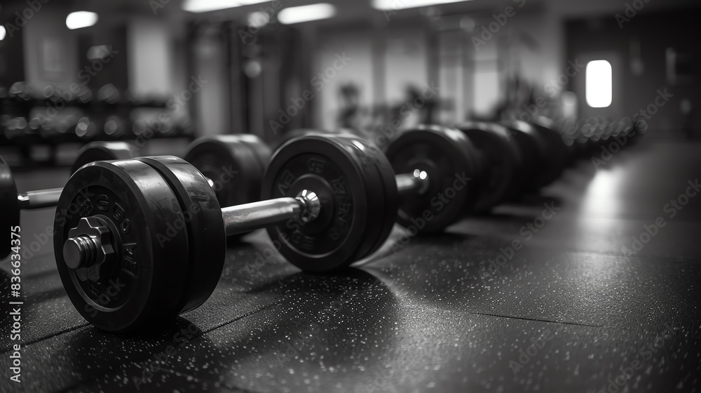 Fototapeta premium A row of dumbbells in a gym, ready for a workout.