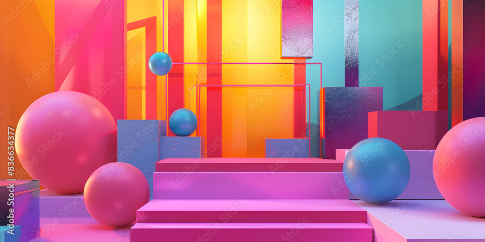 Abstract background with geometric shapes Pink blue and yellow colors Futuristic landscape.
Abstract background with geometric shapes Pink blue and yellow colors Futuristic landscape.