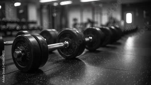 A row of dumbbells in a gym, ready for a workout. photo