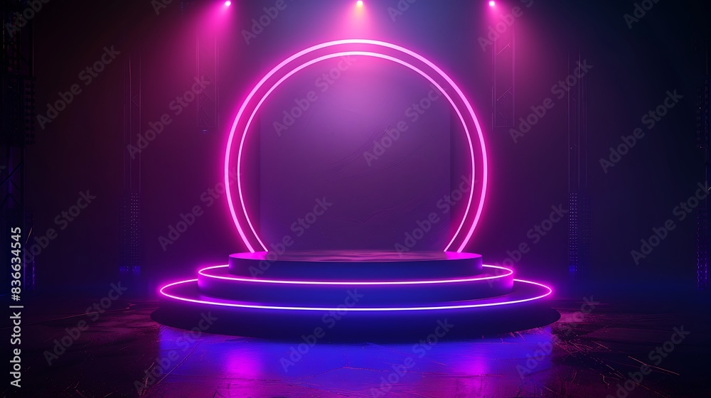 Futuristic podium background with neon accents and a digital display. Metallic surfaces and holographic elements. Bright, dynamic lighting creating a high-tech atmosphere Futuristic podium background with neon accents and a digital display. Metallic surfaces and holographic elements. Bright, dynamic lighting creating a high-tech atmosphere