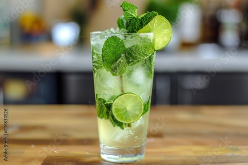 A refreshing mojito cocktail served elegantly in a tall glass. Garnish with fresh mint leaves and lemon slices.