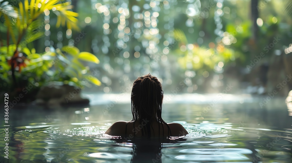 Fototapeta premium Woman relaxes in a hot spring surrounded by lush greenery.