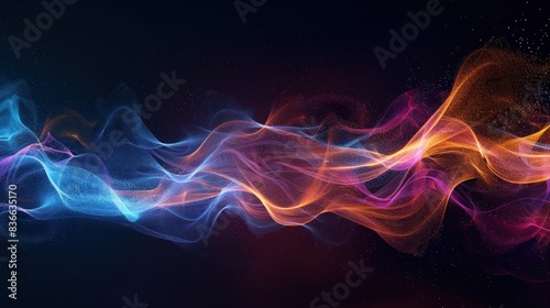 Abstract digital wallpaper with futuristic glowing colorful waves on dark background. generative AI image