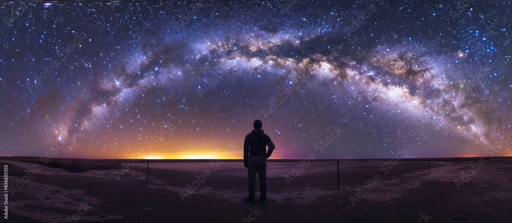Silhouette of man standing at night with starry sky. generative AI image Silhouette of man standing at night with starry sky. generative AI image