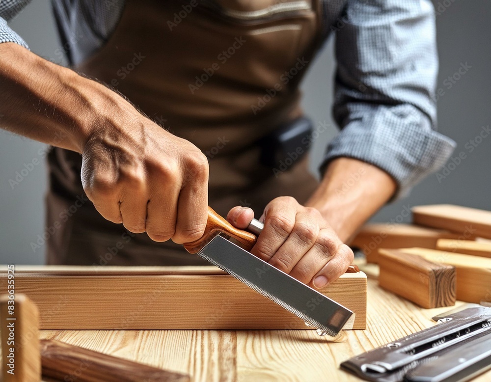 Primer plano de un carpintero limando un trozo de madera, centrado en la mano y las herramientas. Primer plano de un carpintero limando un trozo de madera, centrado en la mano y las herramientas.