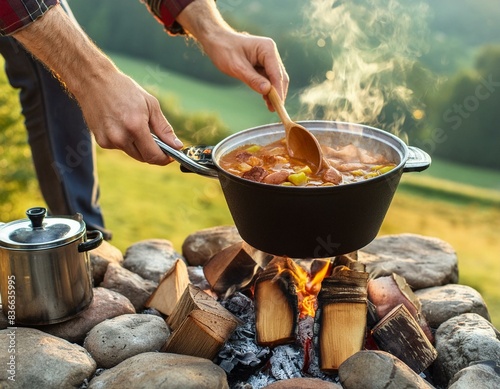 Primer plano de un cocinero calentando un guiso sobre un fuego abierto