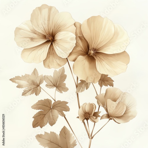 Elegant sepia-toned botanical featuring delicate blooming flowers and detailed leaves, perfect for artistic and decorative use.
