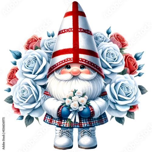 Watercolor cute chubby  gnome wearing adorable faroe outfit,gnome hands holding a beautiful flower. Faroe islands gnome. 