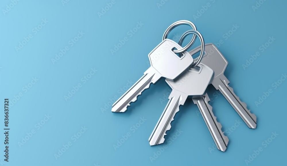 silver house key with white keys on blue background. silver house key with white keys on blue background.
