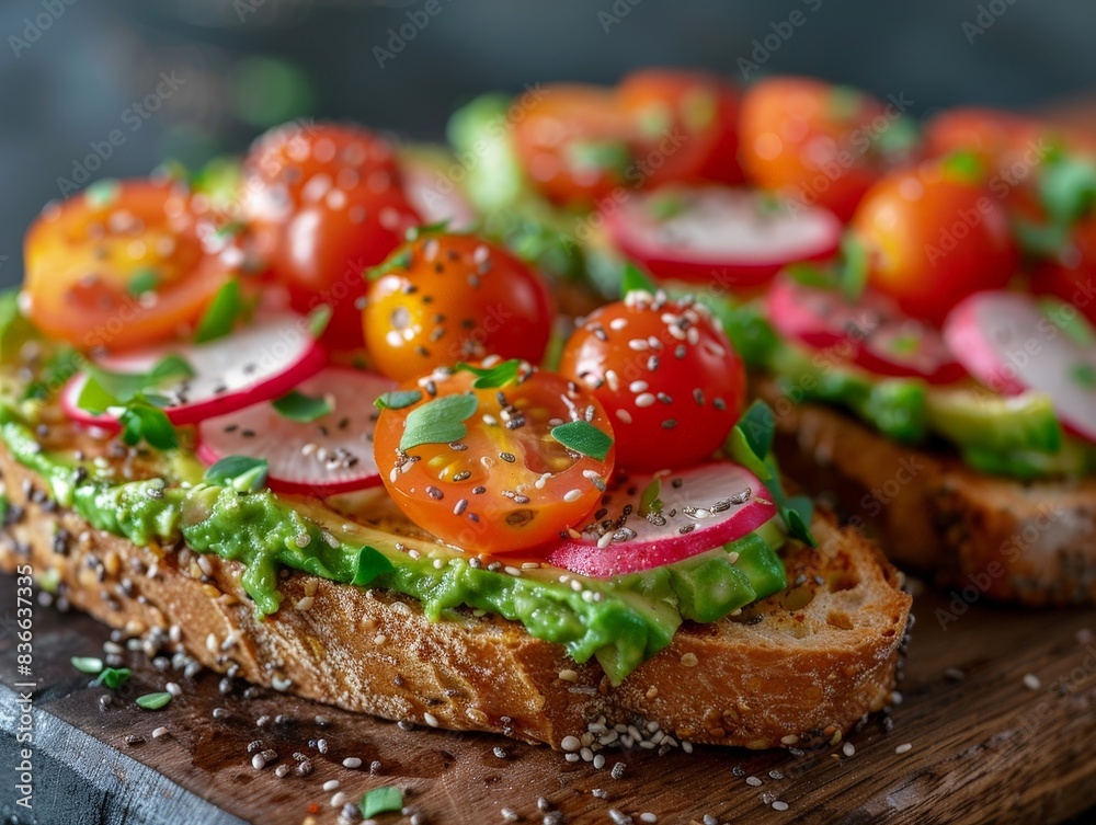 A side view of an avocado toast, garnished with cherry tomatoes, radish slices, and a sprinkle of chia seeds, placed on a rustic wooden board. The minimalist setting highlights the freshness and A side view of an avocado toast, garnished with cherry tomatoes, radish slices, and a sprinkle of chia seeds, placed on a rustic wooden board. The minimalist setting highlights the freshness and