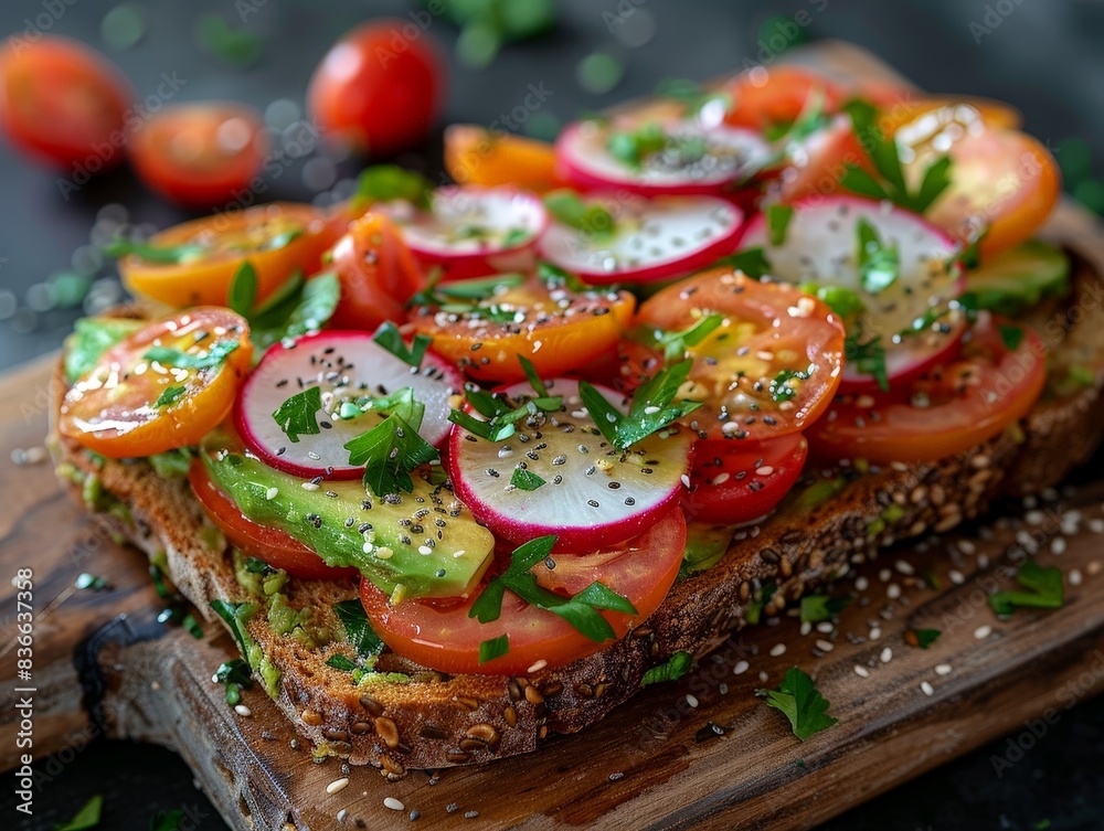 A side view of an avocado toast, garnished with cherry tomatoes, radish slices, and a sprinkle of chia seeds, placed on a rustic wooden board. The minimalist setting highlights the freshness and A side view of an avocado toast, garnished with cherry tomatoes, radish slices, and a sprinkle of chia seeds, placed on a rustic wooden board. The minimalist setting highlights the freshness and