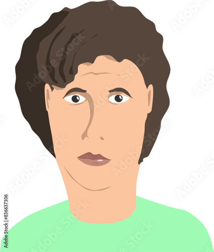 Avatar male transgender with brown hair in a green t-shirt. Vector illustration is a person of pleasant appearance with a trustworthy look. A kind face and a little surprised eyes. Avatar for social