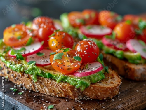 A side view of an avocado toast  garnished with cherry tomatoes  radish slices  and a sprinkle of chia seeds  placed on a rustic wooden board. The minimalist setting highlights the freshness and