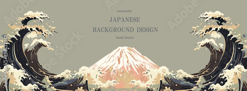 富士山, 波, 和, 和風, ベクター, 年賀状, 海, 背景, 日本画, フレーム, 新年, 初売り, お正月, 正月, 富士, 山, レトロ, 大正ロマン, イラスト