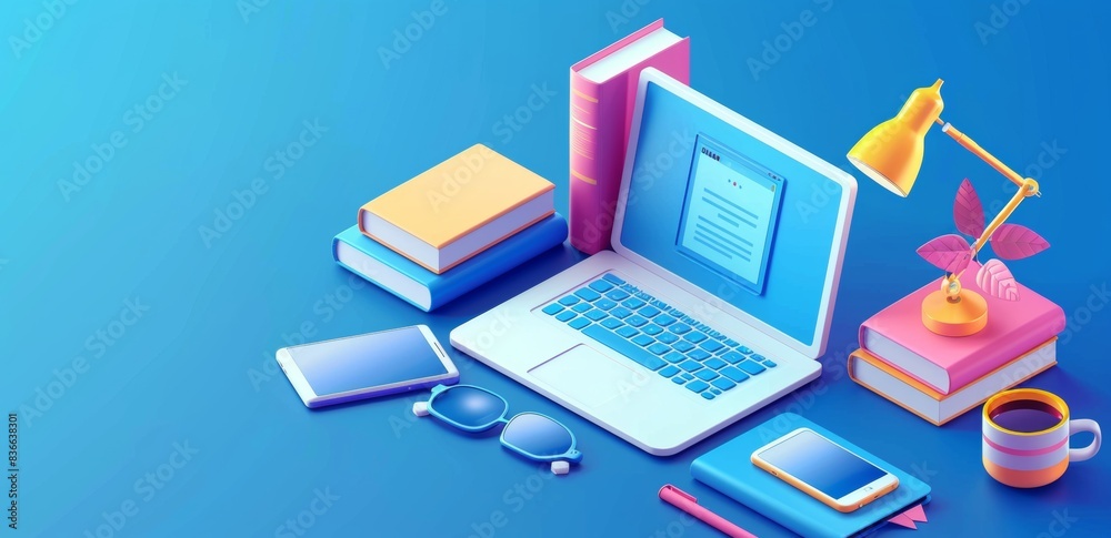 laptop and mobile phone with video conference screen on blue background. laptop and mobile phone with video conference screen on blue background.