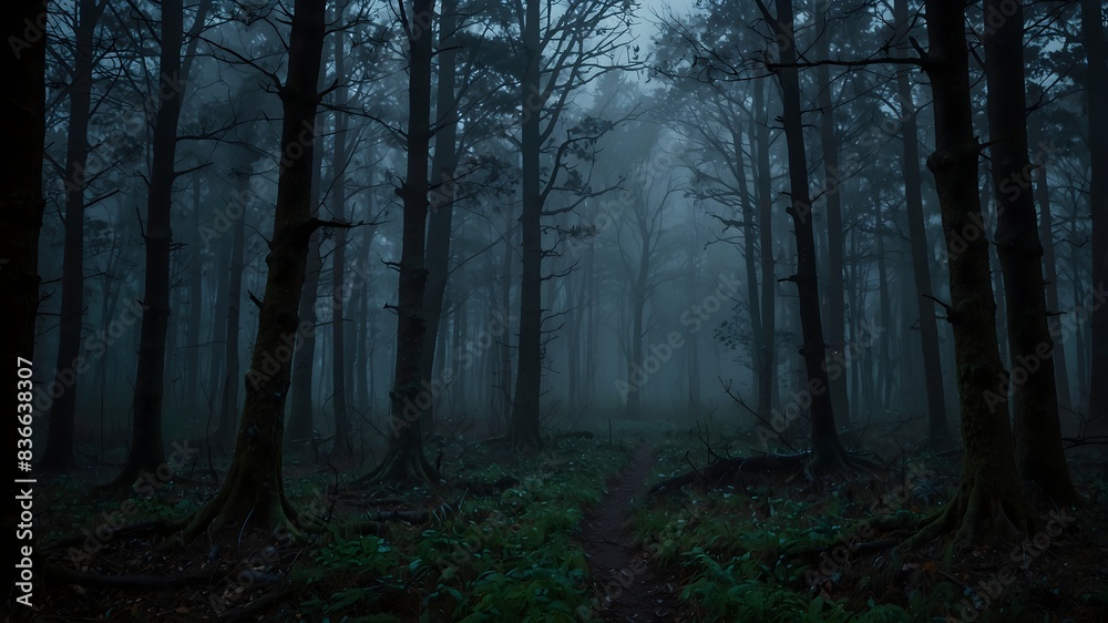 The atmospheric background setting of an eerie forest at dusk ai_generated The atmospheric background setting of an eerie forest at dusk ai_generated