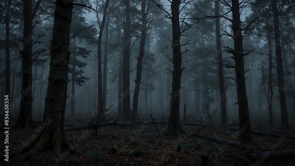 Naklejka premium The atmospheric background setting of an eerie forest at dusk ai_generated
