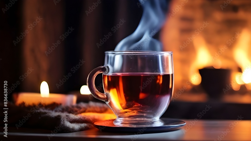 A clear, aromatic cup of hot tea against the backdrop of the fireplace's roaring flames. A cold, dark winter's evening in a warm, inviting home. A clear, aromatic cup of hot tea against the backdrop of the fireplace's roaring flames. A cold, dark winter's evening in a warm, inviting home.
