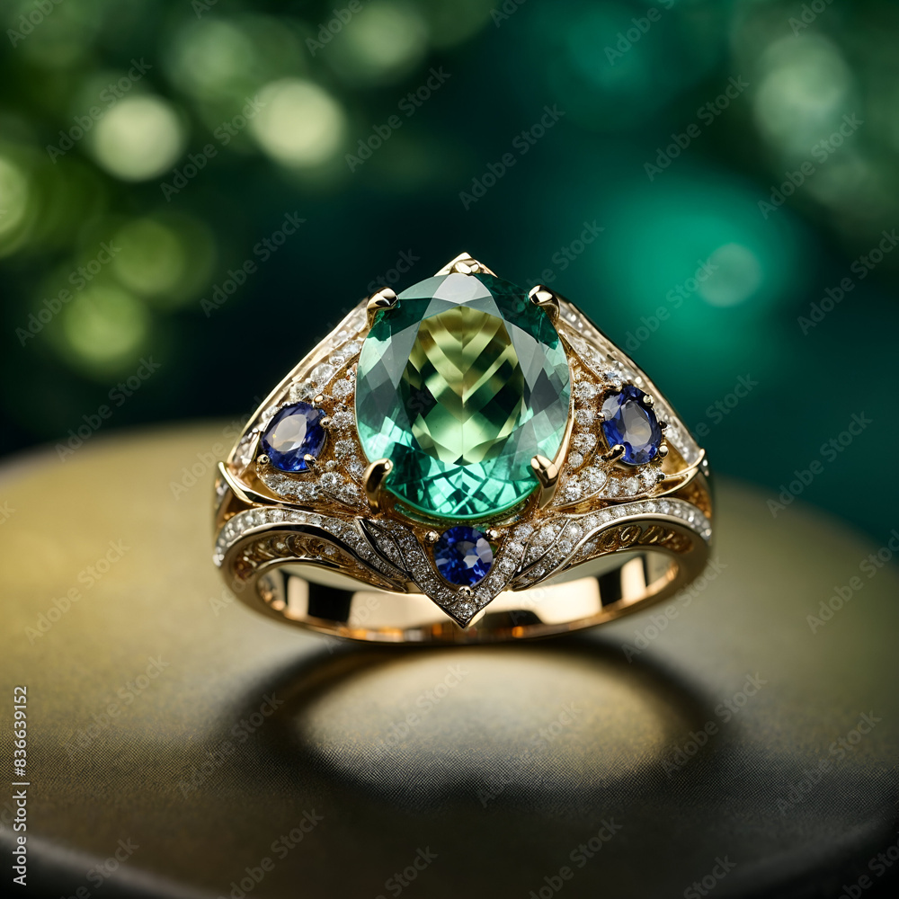 A stunning ring design adorned with a bright green gemstone glimmering in the light A stunning ring design adorned with a bright green gemstone glimmering in the light