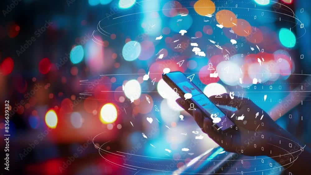 Woman enjoying digital content on her phone, with futuristic digital interface elements