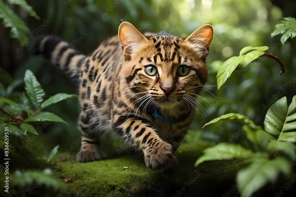 A regal leopard cat with golden fur and a fierce expression, standing atop a rocky cliff overlooking a vast desert landscape. A regal leopard cat with golden fur and a fierce expression, standing atop a rocky cliff overlooking a vast desert landscape.
