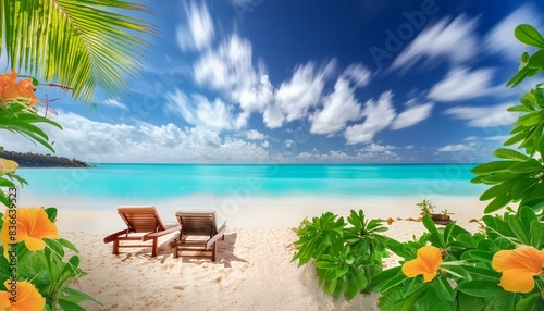 Beautiful tropical beach with white sand and two sun loungers on background of turquoise ocean and blue sky with clouds. Frame of palm leaves and flowers. Perfect landscape for relaxing vacation © Muhammad