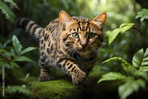 A regal leopard cat with golden fur and a fierce expression, standing atop a rocky cliff overlooking a vast desert landscape.