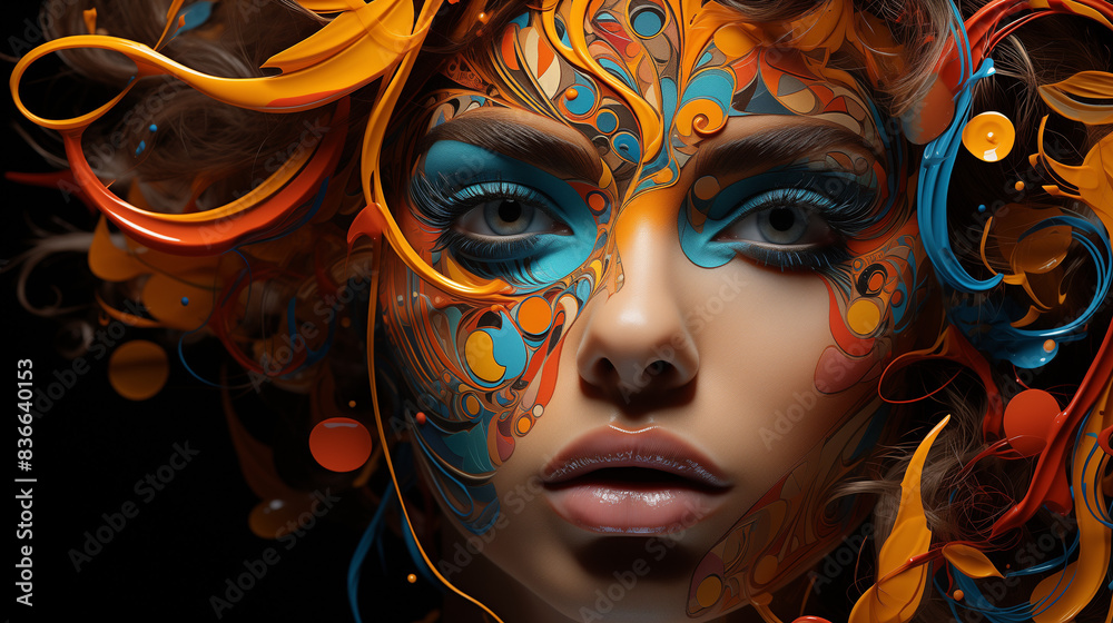 Obraz premium Generative art, abstract portrait, vibrant colors, intricate patterns, facial features