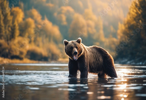 A brown bear in the river water trying to catch fish