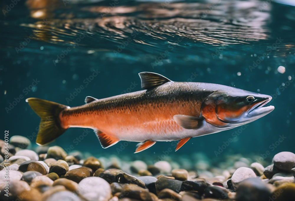 A salmon swimming in the water. A salmon underwater A salmon swimming in the water. A salmon underwater