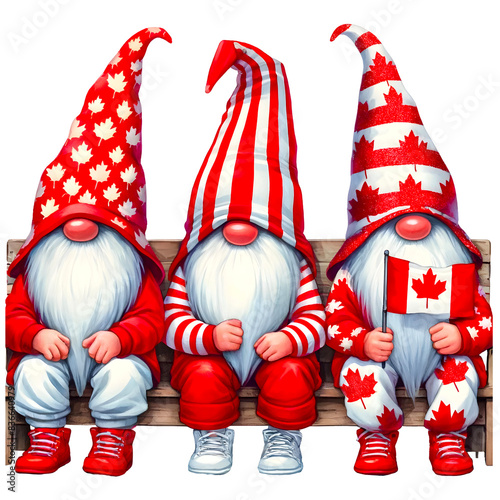 Watercolor of three canadian gnomes  wearing cute canda outfit celebrate canaday's day.