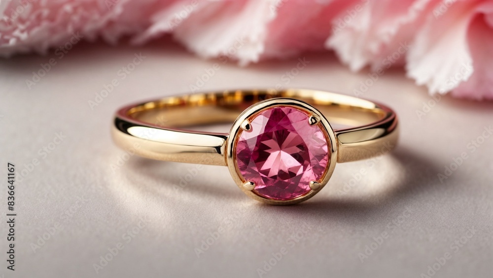 A stunning ring design adorned with a bright pink gemstone
