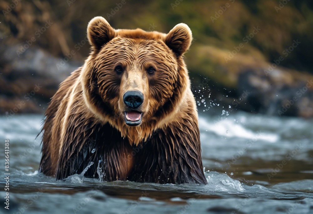 A brown bear in the river water trying to catch fish A brown bear in the river water trying to catch fish