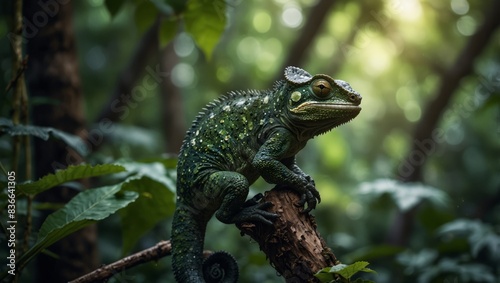 A chamelon perched on a tree branch amidst a lush forest of green leaves.