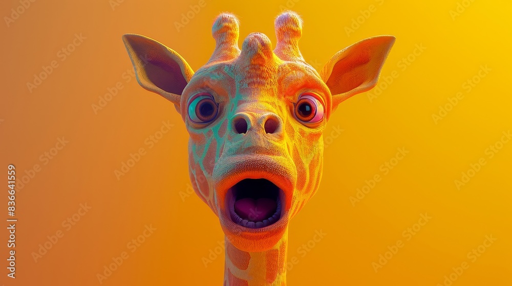 Naklejka premium A cartoon giraffe with a surprised expression, rendered in vibrant colors against a warm orange background.