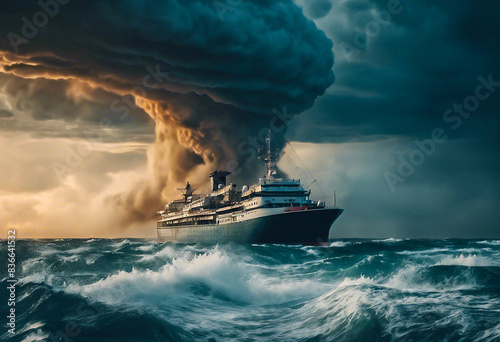 Tornado storm at sea near a ship