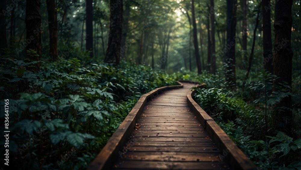A wooden pathway surrounded by dense foliage in a forest. A wooden pathway surrounded by dense foliage in a forest.