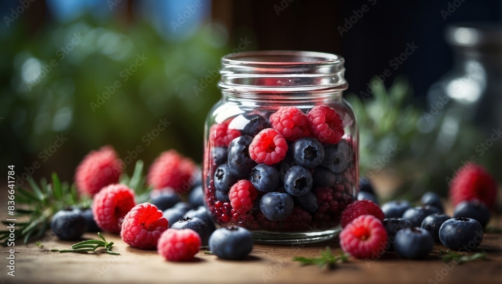 A jar, brimming with blueberries and raspberries, rests atop a table Nearby, a fragrant sprig of rosemary adds enticing aroma. A jar, brimming with blueberries and raspberries, rests atop a table Nearby, a fragrant sprig of rosemary adds enticing aroma.
