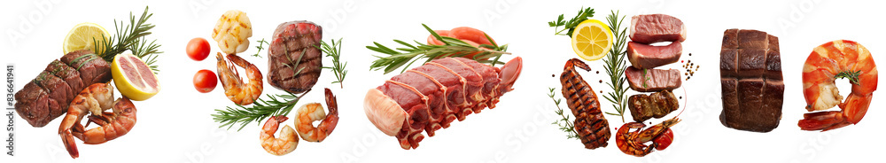 surf and turf with juicy steak, shrimp, and prawn, Isolated PNG, transparent cutout, top view surf and turf with juicy steak, shrimp, and prawn, Isolated PNG, transparent cutout, top view