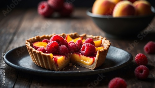 A tart with a slit cut out and topped with raspberries and peaches.