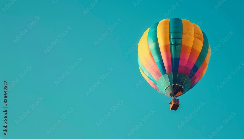 Fototapeta premium Vibrant Heights: A Stunning Hot Air Balloon Soaring in a Clear Blue Sky - AR 7:4