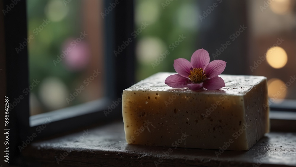 A soap bar rests on a window sill with flowers. A soap bar rests on a window sill with flowers.