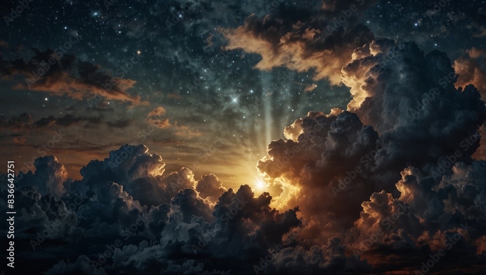 A sky filled with numerous clouds and a central star shining brightly amidst them.